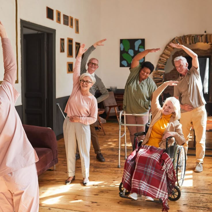 Seniors staying active with group exercise at home